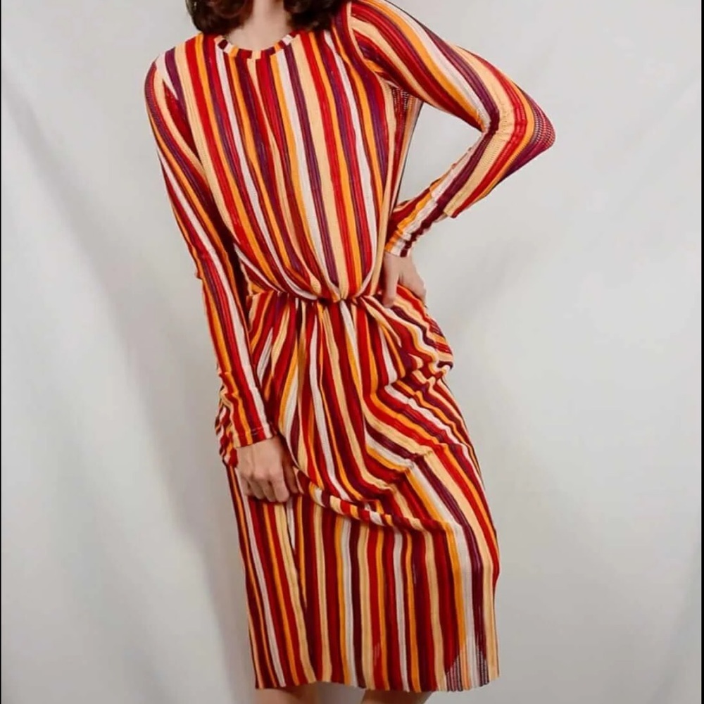ZARA Women's Long Sleeve Striped Dress - Red and Yellow